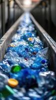 Recycling facility with plastic waste on conveyor belt, showcasing sorting process photo