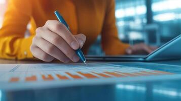 Hand holding pen, writing on financial report with charts and graphs. Supply chain management concept photo