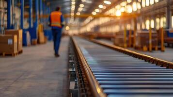 Automated conveyor belt transporting packages in warehouse setting Supply chain management concept photo