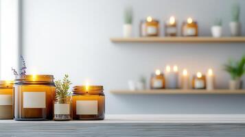 Hand poured soy candles in amber glass jars create soft warm glow, enhancing cozy atmosphere of space photo