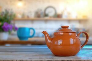 Handmade clay teapot with glossy orange finish, rustic kitchen setting photo