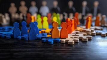 Colorful wooden figures represent diverse people surrounded by puzzle pieces, symbolizing unity and collaboration photo