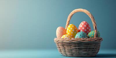 Colorful Easter eggs in a woven basket against a blue background in a festive spring setting photo