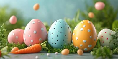 Colorful Easter eggs and carrots arranged on a vibrant surface amidst green foliage for a festive celebration photo