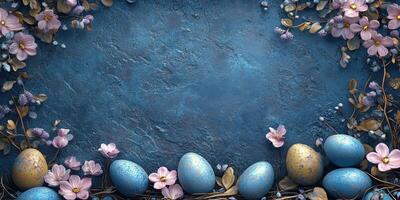 Delicate pastel Easter eggs nestled among blooming flowers on a textured blue background photo