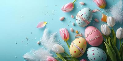 Colorful decorated eggs and tulips arranged on a blue background for Easter celebration photo