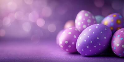 Colorful Easter eggs arranged on a purple background with a bokeh effect creating a festive atmosphere photo