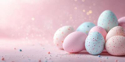 Colorful decorated eggs arranged on a pastel surface for spring celebration and festive activities photo
