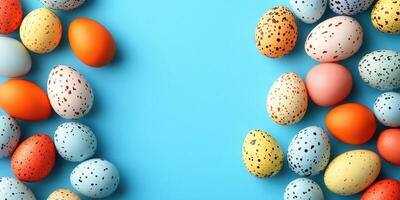 Colorful decorative eggs arranged on a blue background for spring celebrations and festivities photo
