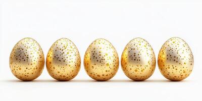 Decorative golden eggs with dotted patterns arranged in a line on a white background photo