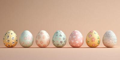Decoratively painted eggs arranged in a row against a soft, neutral background for spring celebrations and festivals photo