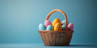 Colorful Easter eggs in a wicker basket against a blue background for spring celebrations photo