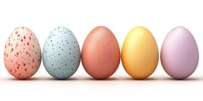 Colorful decorative eggs in pastel shades arranged neatly on a white background for a festive celebration or holiday photo