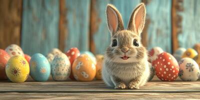 Cute rabbit sits among colorful decorated eggs in a festive setting during springtime celebration photo