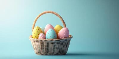 Colorful decorated eggs in a wicker basket set against a pastel background for spring festivities photo