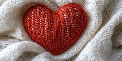 Cozy knitted heart resting on a warm blanket for a comforting and inviting home atmosphere photo
