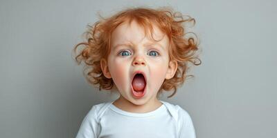 Child with curly red hair expressing surprise and excitement in a neutral setting photo