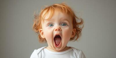 Excited toddler with curly hair expresses joy and surprise in a bright and inviting interior setting photo