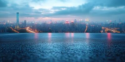 City skyline during twilight with reflections on wet surface and moody clouds above photo