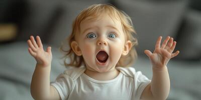Baby expresses excitement with hands raised and mouth open in a joyful moment at home in natural light photo