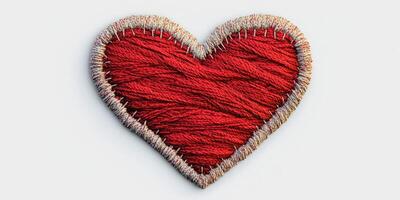 Heart shaped patch made of red yarn with beige stitching against a plain background photo
