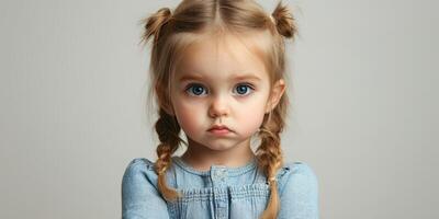 Young girl with braided hair expresses curiosity in a neutral studio background during a bright indoor session photo