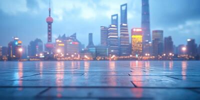 Picturesque evening skyline of Shanghai with glowing buildings and reflections on the waterfront photo
