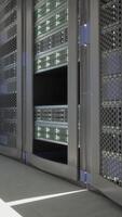 Rows of operational supercomputers in a server room video