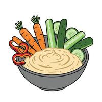 A bowl of hummus with carrots, cucumbers and peppers vector