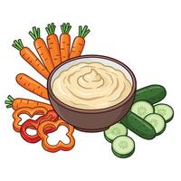 A bowl of hummus with carrots and cucumbers vector