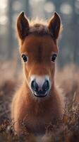 Young foal stands calmly in a misty field during early morning light surrounded by tall grass photo