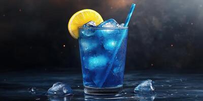 Refreshing blue cocktail served in a glass with ice and a lemon slice for vibrant summer gatherings photo