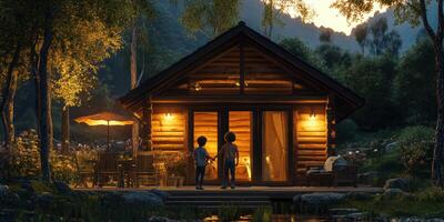 Children enjoying a cozy evening by a log cabin in a serene forest environment photo