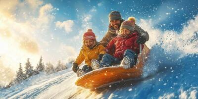 Family enjoys a thrilling sledding adventure on a snowy hill during a bright winter afternoon photo