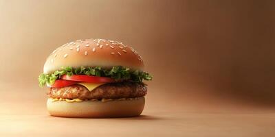 Tasty cheeseburger with sesame bun, fresh lettuce, tomato, and crispy chicken served on a smooth, simple background photo