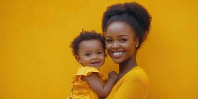 Smiling mother and daughter pose together against a bright yellow background showcasing joy and love photo