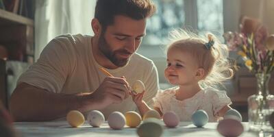 Father and daughter joyfully painting colorful Easter eggs in a bright sunlit room during spring photo