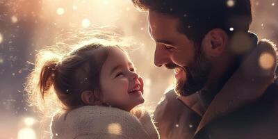 Joyful father and daughter share a magical moment during winter sunlight in a snowy setting photo