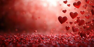 Floating red hearts create a romantic atmosphere with vibrant sparkles in a softly lit background photo