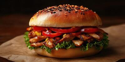 Juicy grilled chicken burger topped with fresh vegetables served on a sesame seed bun photo