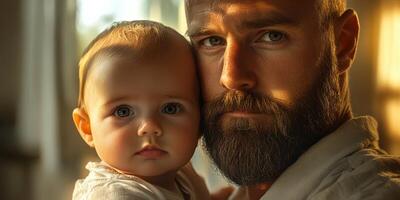 Father and baby share a tender moment indoors during golden hour lighting photo