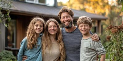 Family enjoying a sunny afternoon together in a garden at their home surrounded by nature and greenery photo