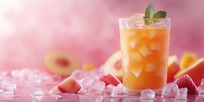 Refreshing peach drink garnished with mint in a stylish glass surrounded by ice and peach slices photo