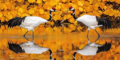 pair of red crowned cranes wading through tranquil water, surrounded by vibrant autumn foliage. Their reflections create serene atmosphere photo