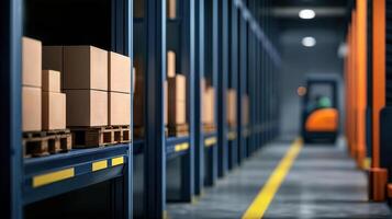 Efficient distribution warehouse with stacked packages and robotic arms Supply chain management concept photo