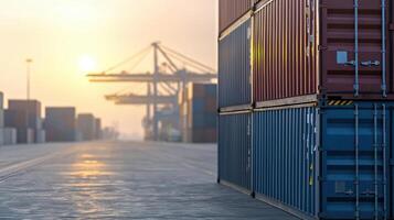 Stunning view of stacked shipping containers at port during sunset Supply chain management concept photo