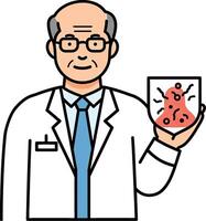 An old man in a lab coat holding a piece of paper with a red heart on it vector