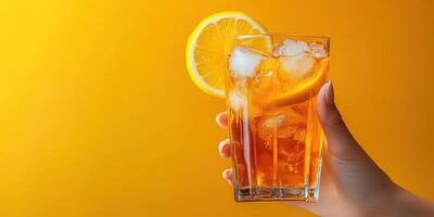 Refreshing iced tea served with lemon slice on bright yellow background during sunny afternoon photo