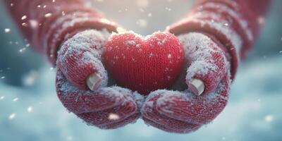 Hands hold a knitted red heart covered in snow against a winter backdrop during a snowy day photo