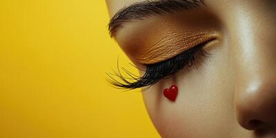 Close-up of a woman's face with a heart-shaped tear on her cheek against a bright yellow background photo